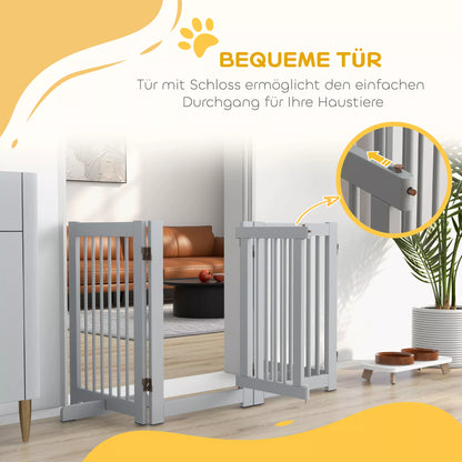 Freestanding dog fence, 4 panels, flexible, pine wood, 204L x 36D x 75H cm, light grey