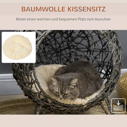 Rattan cat house with cushion, cat sleeping place, cat bed with raised legs, silver gray, Ø52 x 58 cm