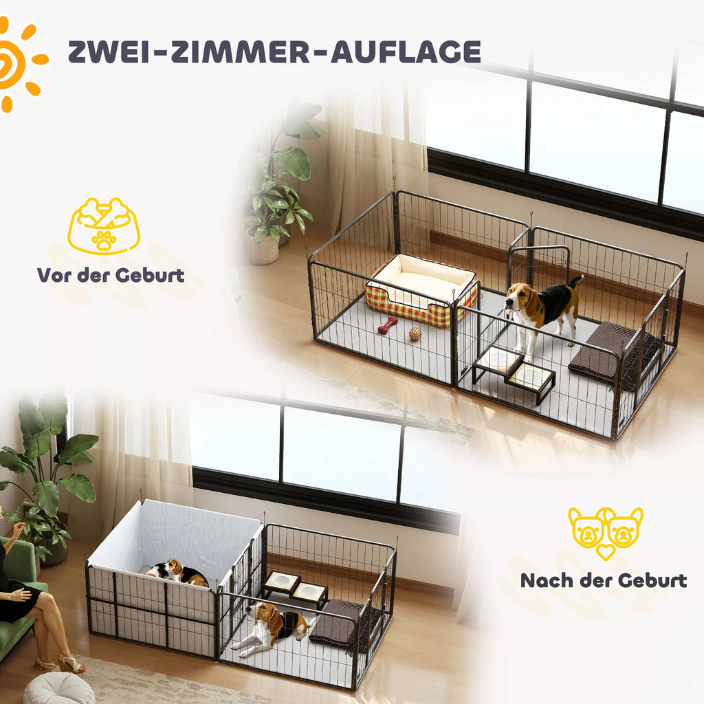 Šuniukų gimdymo dėžė ir aptvaras su 7 panelėmis, 2 zonomis, skalbiamu paklotu, 203 x 102 x 60 cm, juodas