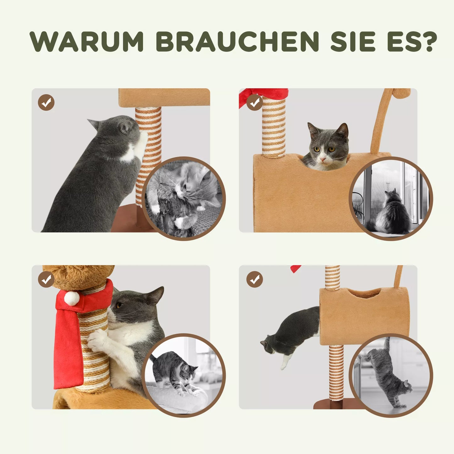 Kačių namelis 98 cm, kačių bokštas elnio dizaino, su guoliu, žaisliniu kamuoliuku, džiuto stiebais, rudas